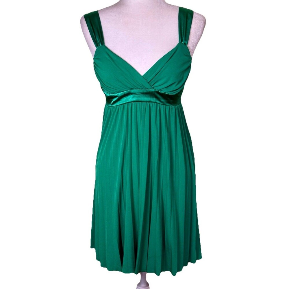 Women Green Fit & Flare Party Dress Empire Waist Satin Straps Pleated Cocktail S